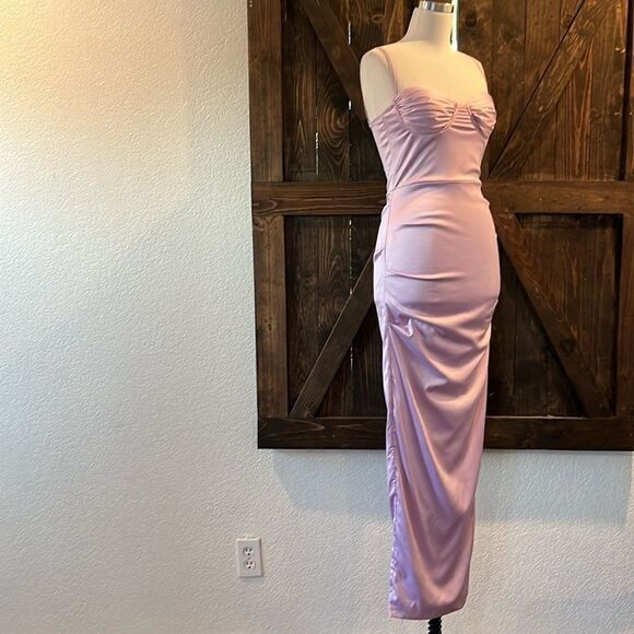 NWT Satin Dress Spaghetti Strap Backless Ruched Bodycon Split Maxi Elegant Dress - Picture 4 of 13